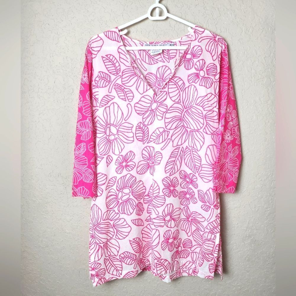 Gretchen Scott Floral Cotton Top Tunic Womens Pink White Size M